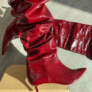 Red Faux Leather Over The Knee Scrunch Boots by Zara size 37.